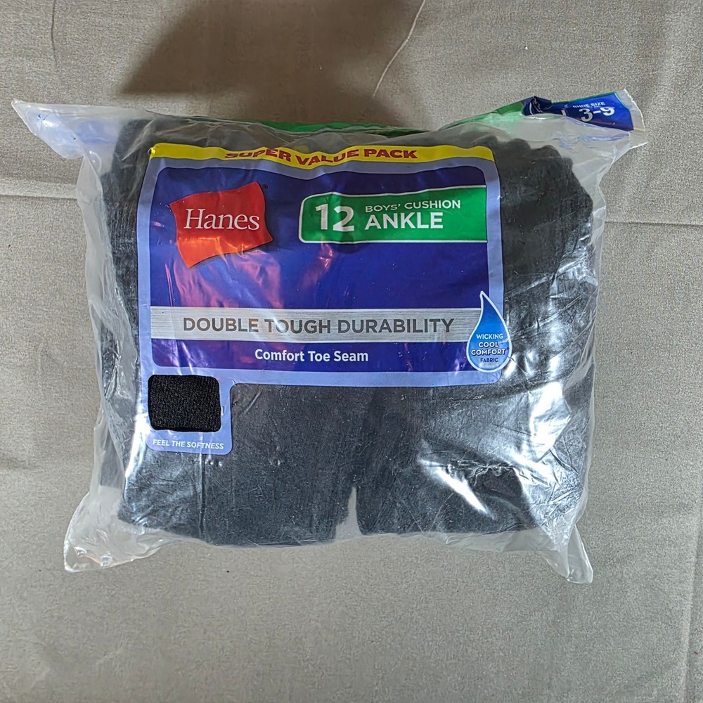 Hanes Boys Cushion Ankle Socks 12 Pair Pack Black Size Large Shoe 3-9 BRLA12